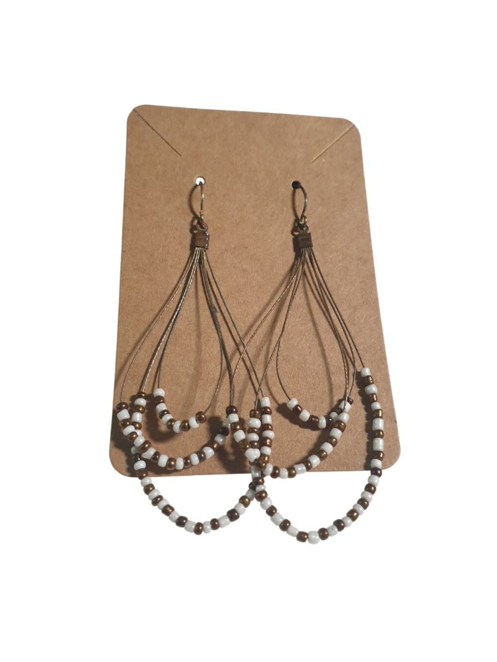 Beaded Dangle Drop Earrings Brown White Lightweight Handmade Jewelry Gift Mom